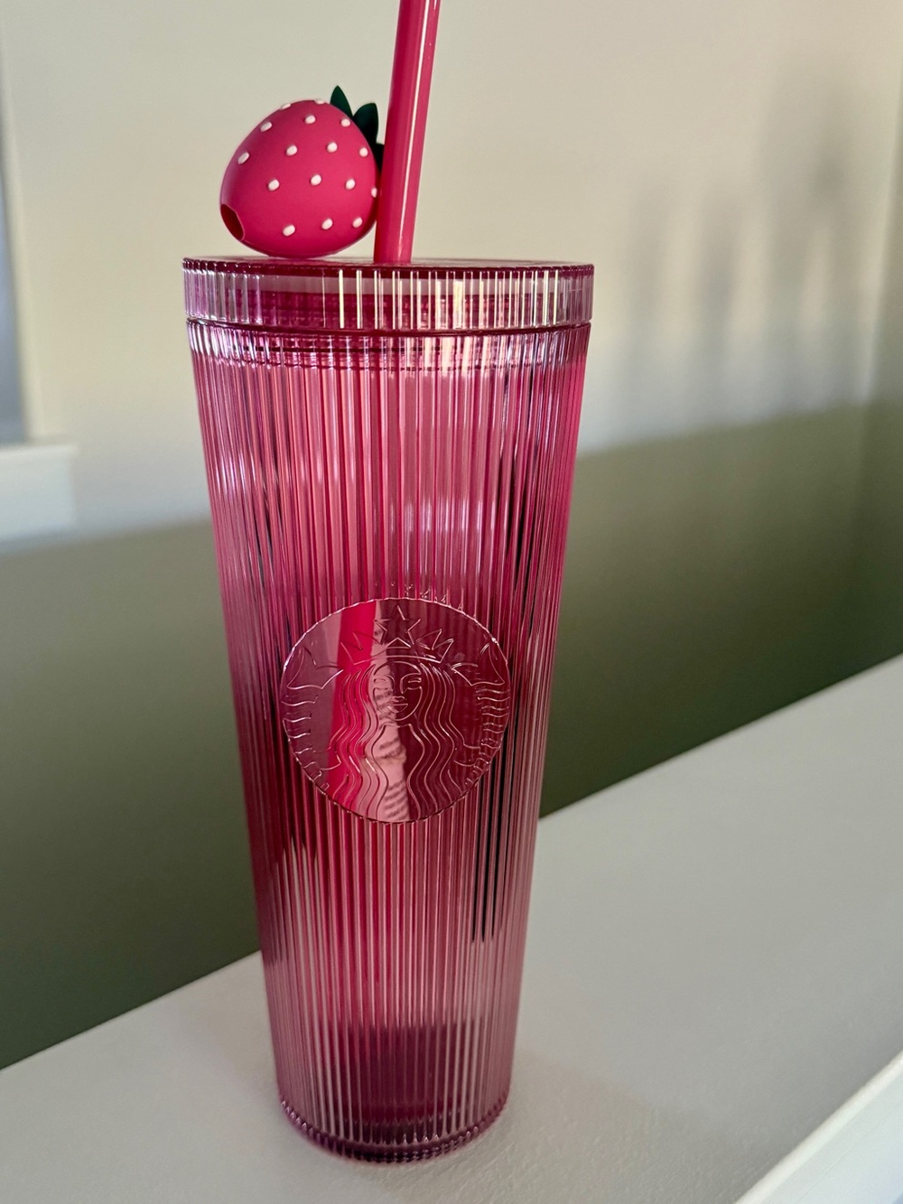 Starbucks Pink Ribbed Strawberry Cold Cup Tumbler with Strawberry Straw Topper